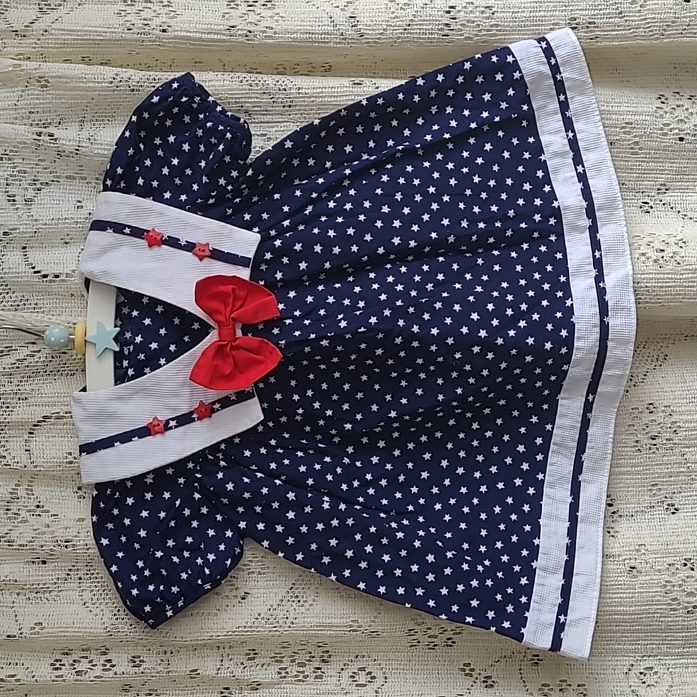 Vintage red, white, blue Short Sleeve Toddler Summer Dress With Stars & Red Bow